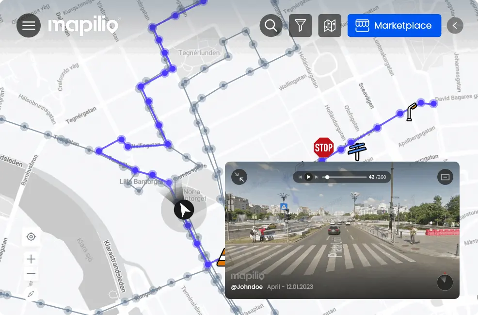 Mapilio's web map showing street-level photos and mapped detections